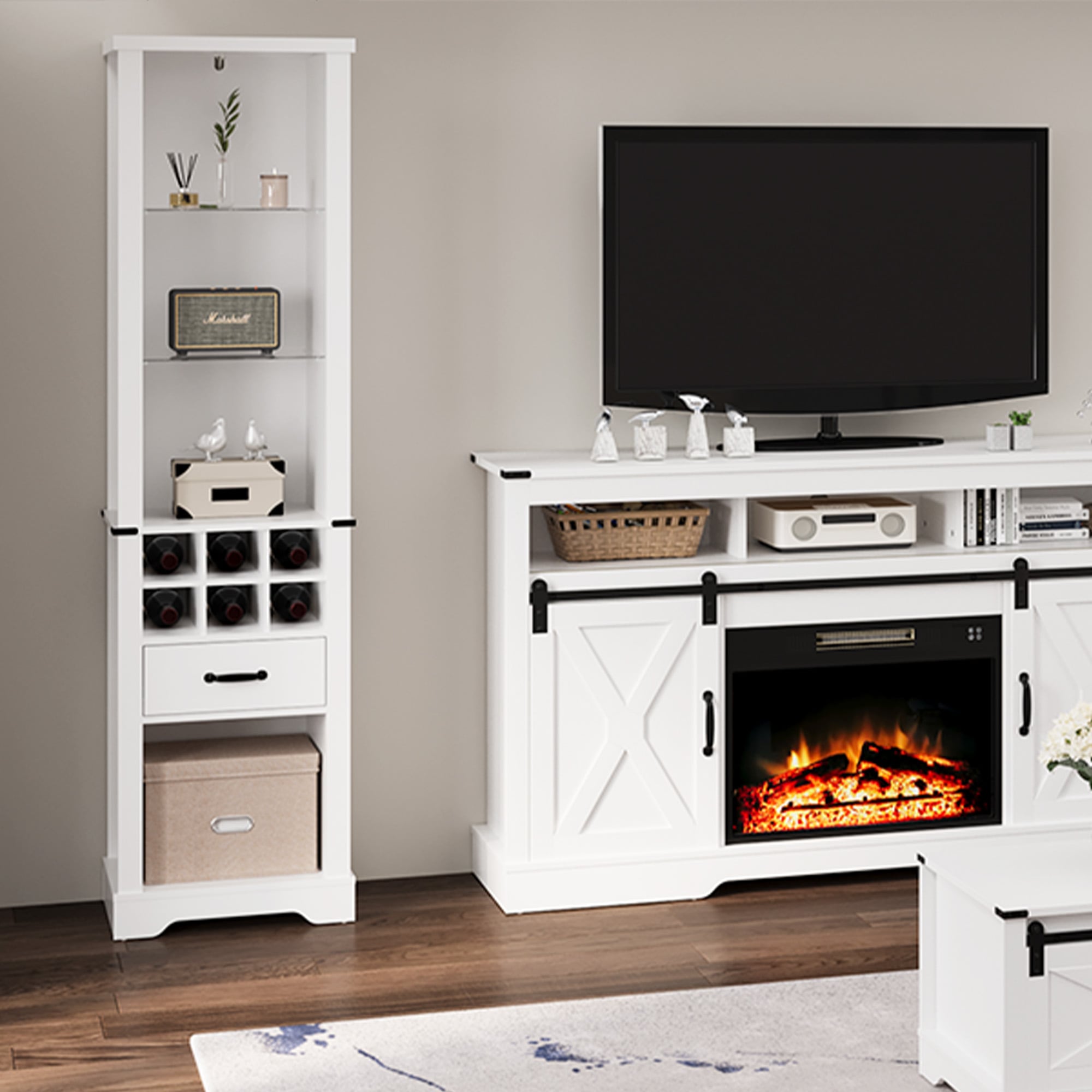 75'' Tall Storage Cabinet With LED Light, Farmhouse Pantry Cabinet With Tempered Glass Adjustable Shelves & Wine Storage Rack, Freestanding Linen Tower For Bathroom, Living Room, Kitchen, White_voghion.com